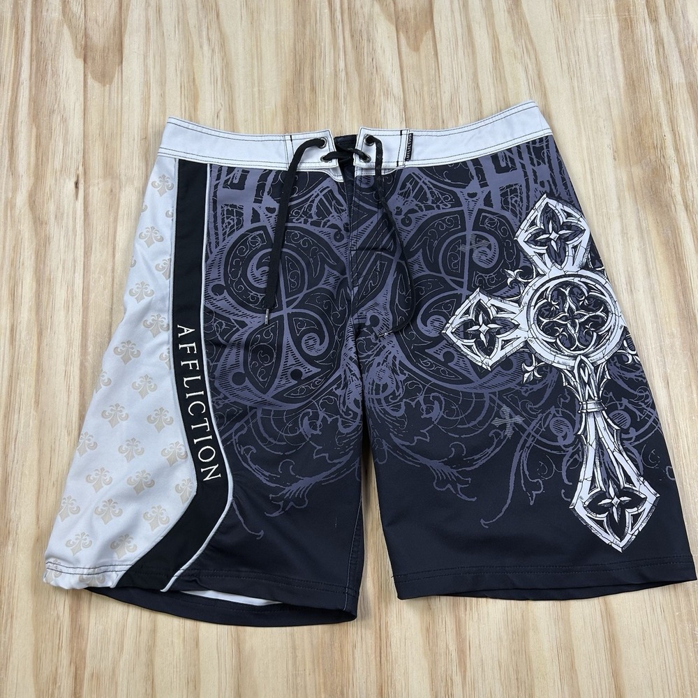 Affliction Men's 36 Swim Trunks Grunge Goth Emo Graphic Board Shorts Y2K